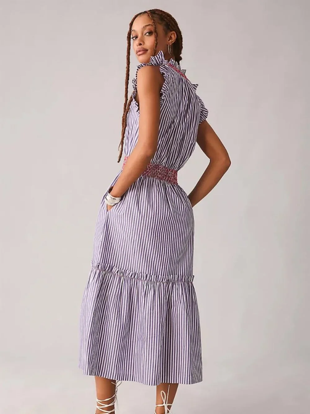 Clare V Joelle Ruffled Dress in Purple/White Stripe Size Large